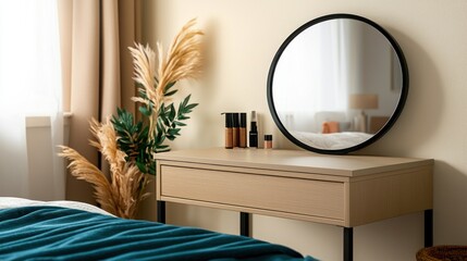 Stylish bedroom vanity with pampas grass, makeup, and a mirror;  cozy, modern interior