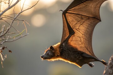 Fototapeta premium Spectacular Golden Hour Flight of a Black Flying Fox