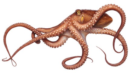 Isolated brown octopus illustration with tentacles on white background marine life concept art