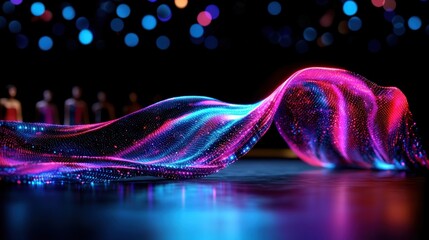 Abstract glowing fabric draped stage, blurred figures, vibrant colors