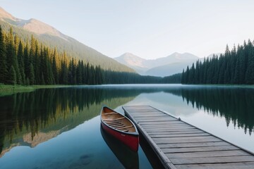 Serene canoe on mountain lake with wooden dock amidst pine forest at sunrise