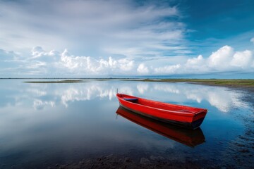 Red boat floating on calm water under a cloudy sky reflecting the clouds