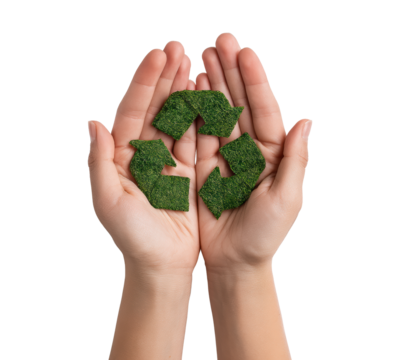 Hands holding eco-friendly recycling symbols.