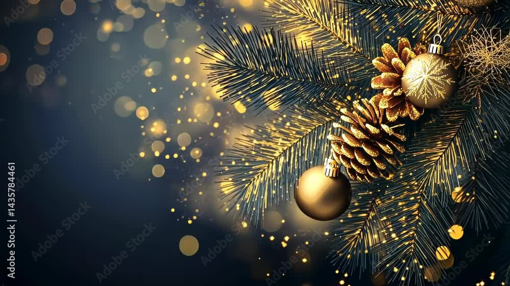 Poster golden ornaments and shimmering lights create a magical holiday atmosphere with pine and sparkles in