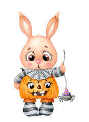 Cute pink hare, rabbit in a pumpkin costume with a funny spider on a string. Children's cartoon character for Halloween. Hand drawn watercolor illustration isolated on white background.