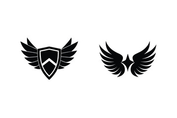 Winged Shield Heraldic Crest And Winged Star Black Silhouette Graphics Set