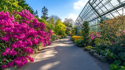 Obraz premium Picturesque botanical garden pathway lined with vibrant flowers