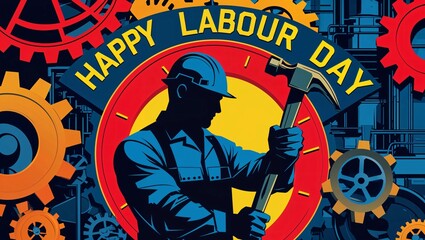 Create an image of a strong industrial worker silhouette holding a hammer and wrench, with gears and factory outlines in the background. Use bold reds, blues, and yellows for a powerful and energetic 