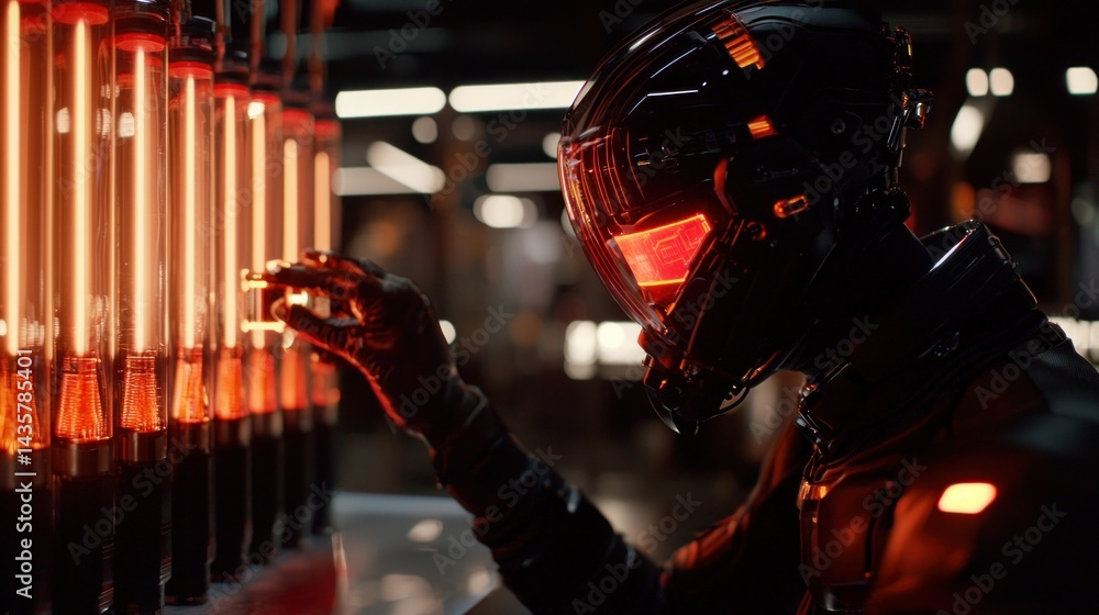 Poster futuristic figure interacting with glowing tubes in a laboratory setting