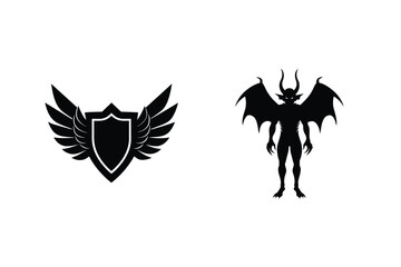 Winged Shield And Devil Silhouette Icons For Gaming Or Fantasy Projects