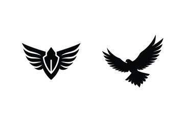 Vector Illustration Set Featuring Flying Bird And Winged Shield Logo Designs