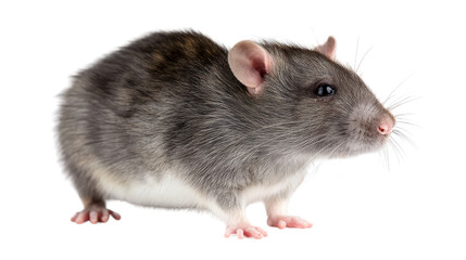 A cute gray rat standing on a white background.