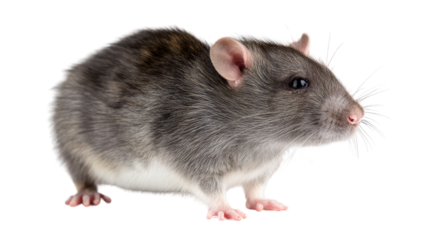 A cute gray rat standing on a white background.