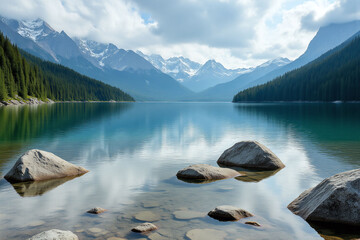 large body of water surrounded by trees and rocks