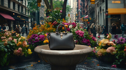 Structured satchel resting on a stone fountain base in a bustling city plaza adorned with seasonal floral displays 