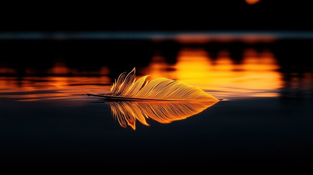 A single feather floats gently on still water at sunset