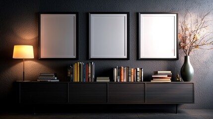 Dark room display with three framed prints, books and decor