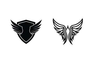 Black Silhouette Winged Shield And Angel Wings Vector Illustration Isolated On White