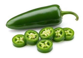 Green jalapeno pepper and slices isolated on white background