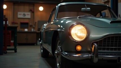 Classic vintage car with headlights on in a retro garage environment at night time.