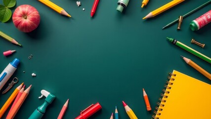 Colorful school supplies and apple on green background in creative flat lay composition.