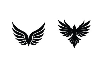 Black Silhouette Of Two Birds With Wings Isolated On A White Background