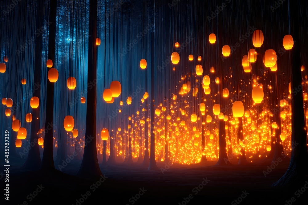 Poster enchanted forest path illuminated by glowing lanterns.