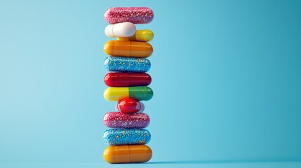 Colorful Stack of Pills in Studio for Weight Loss, Recovery, or Healthcare Medication on Blue Background