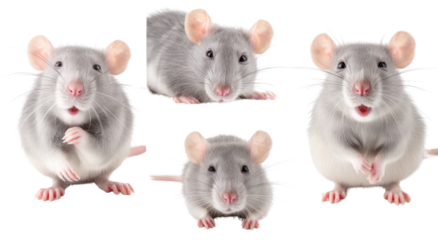 Adorable gray rats in various poses and expressions.