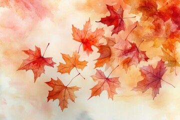 Watercolor painting of falling maple leaves in autumn colors