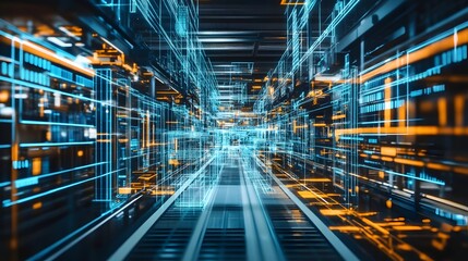 A futuristic cityscape with a lot of blue and orange lines. The image is of a computer generated environment, with a lot of technology and digital elements. Scene is futuristic and advanced