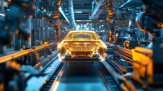 A futuristic car is being built in a factory. The car is made of metal and has a sleek, modern design. The factory is filled with machines and workers, all focused on creating the perfect car