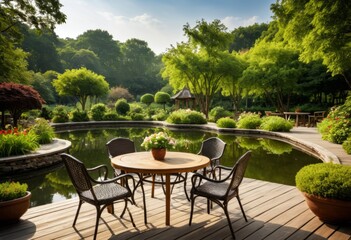 Obraz premium On the deck by the pond is a table and chair