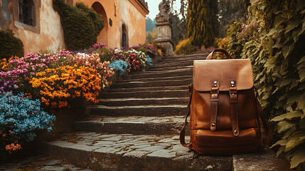 Fashionable backpack sitting on the steps of a historical monument surrounded by colorful flowerbeds and ivy-covered walls 