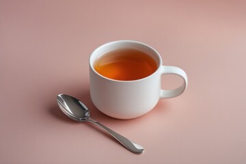 A white mug with tea and a spoon on a light pink colored surface top