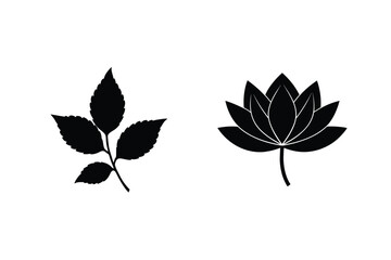 Black Silhouette Of Leafy Branch And Lotus Flower On White Background