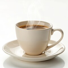 Fototapeta premium Steaming coffee cup on a saucer against a light background.