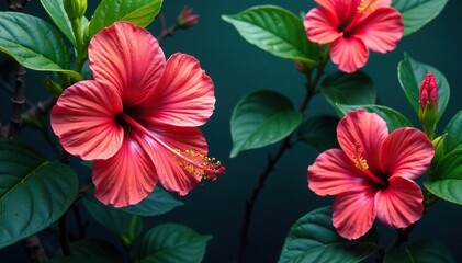 Bold hibiscus blooms, lush tropical foliage, vibrant colors, wallpaper, floral pattern