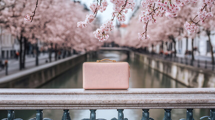 Elegant clutch placed atop a marble railing overlooking a serene urban canal lined with cherry blossom trees 