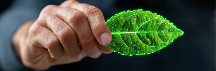 Person holds glowing green leaf, symbolizing nature and sustainability. vibrant colors and intricate details highlight beauty of leaf, evoking sense of environmental awareness and care