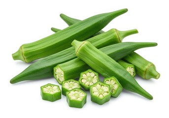 Fresh okra pods and slices isolated on white background