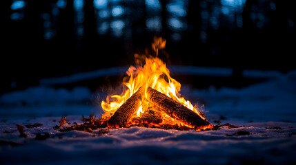 A bonfire on snow radiates warmth under the dark sky The logs crackle with bright orange and yellow flames
