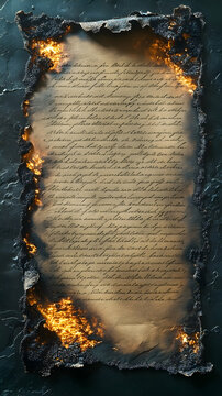 A partially burned antique document with handwritten cursive text showing the edges are charred and the center is aligh