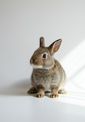Obraz premium Cute Brown Rabbit Sitting and Looking Sideways on Light Background