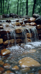 Cascading water flows over stacked stones creating a tranquil scene