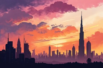 Naklejka premium Dubai Skyline at Sunset: A Vibrant Cityscape Illustration