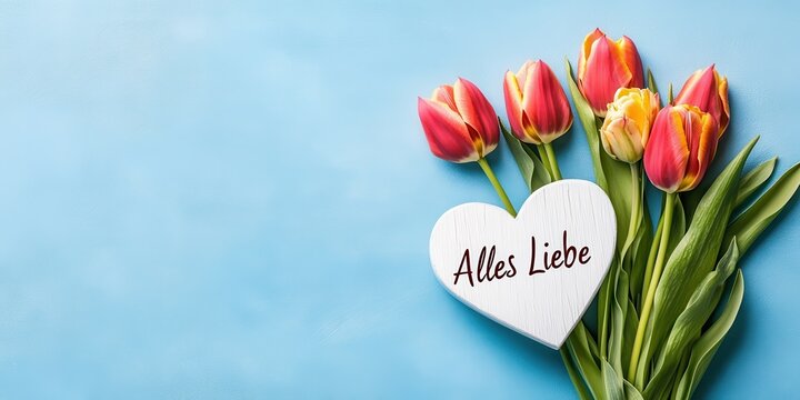 Joyful Valentine's Day Card with Tulips on Blue Background