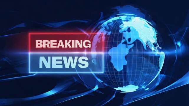 Breaking News Banner with Digital Blue Globe - Television Broadcast Graphics Template - Media Announcement Title Screen with Earth Hologram on Dark Background Breaking News 4k video