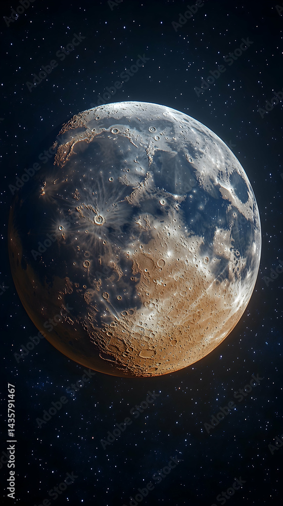 Poster cratered celestial body viewed from space showing varied terrain and subtle atmospheric effects
