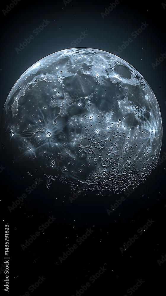 Poster detailed view of a celestial body showcasing a surface marked by numerous craters and a dark starry 